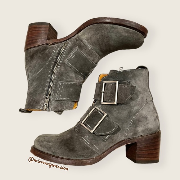 $399 Frye Sabrina Double Buckle Academia Grey Suede Leather Block Heel AnkleBoot - Picture 16 of 16